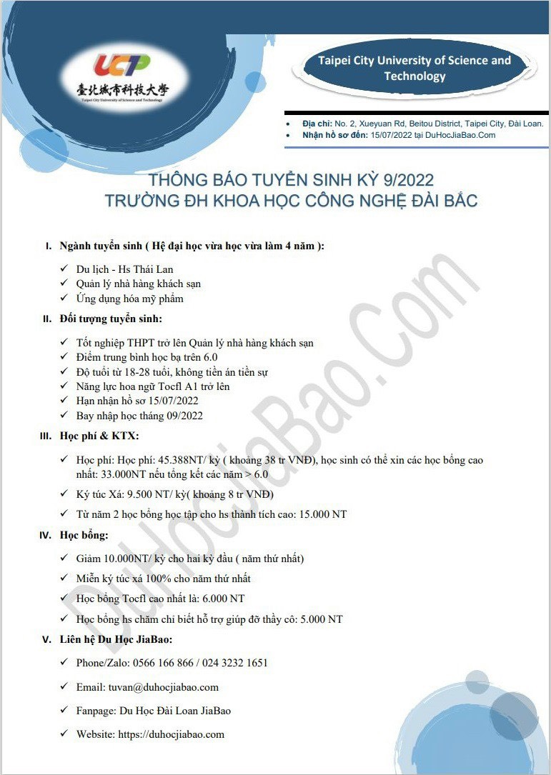 THÔNG BÁO TUYỂN SINH HỆ VHVL TRƯỜNG ĐH KHOA HỌC CÔNG NGHỆ ĐÀI BẮC